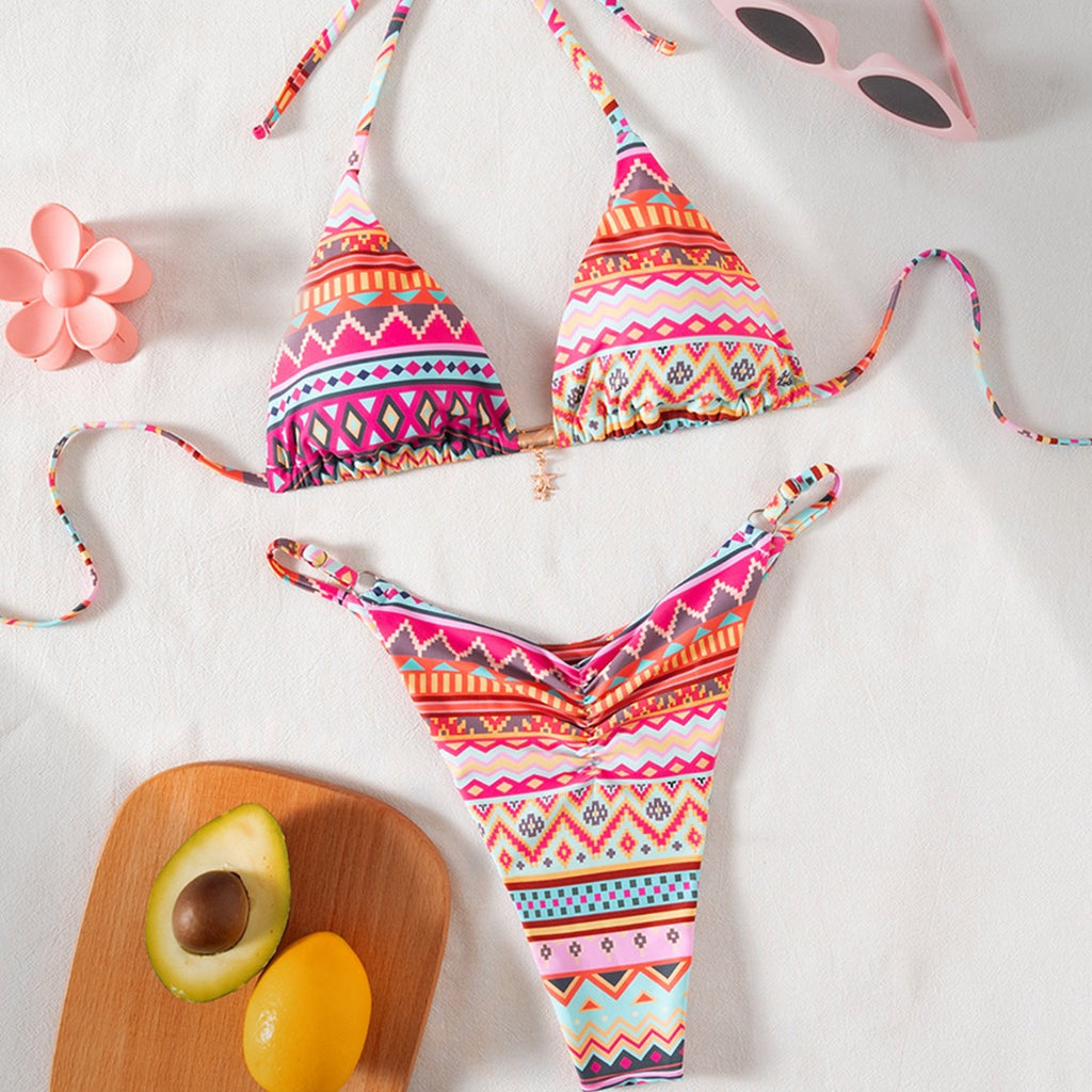 Printed Pendant Adjustable Waistband Triangle-bra Bikini Two-piece Swimsuit