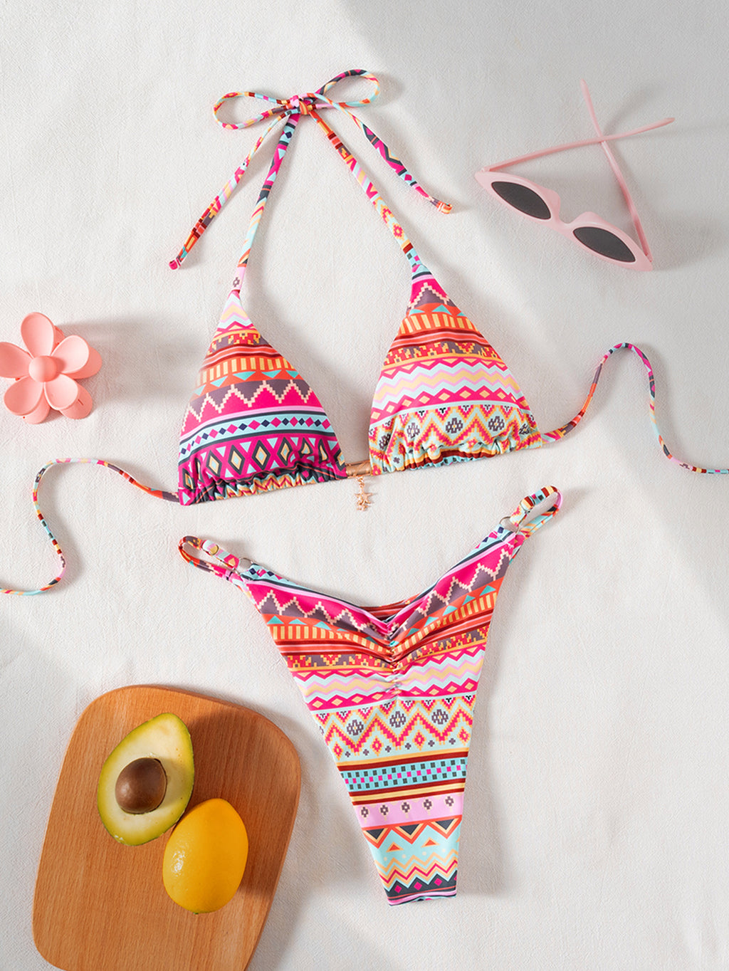 Printed Pendant Adjustable Waistband Triangle-bra Bikini Two-piece Swimsuit