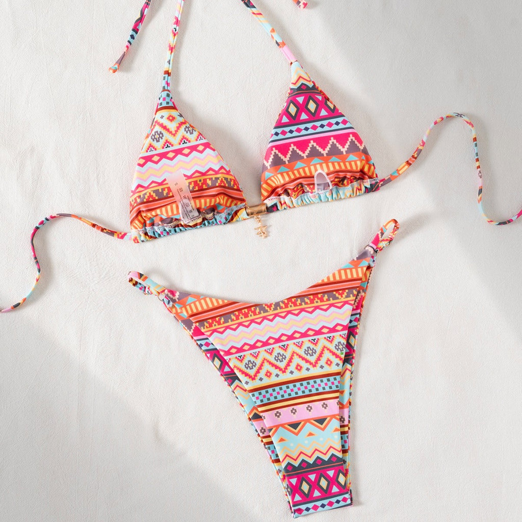 Printed Pendant Adjustable Waistband Triangle-bra Bikini Two-piece Swimsuit