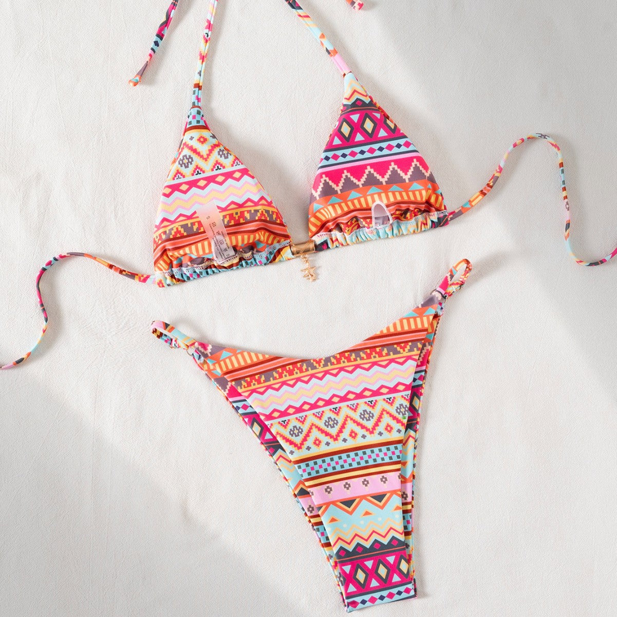 Printed Pendant Adjustable Waistband Triangle-bra Bikini Two-piece Swimsuit